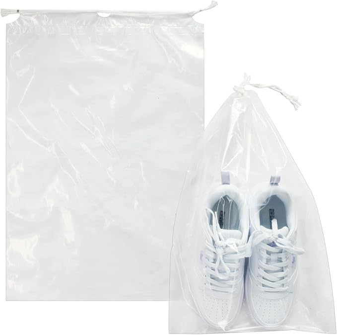 Belinlen 100 Pack 12x18 inch Plastic Drawstring Bags Transparent Shoe Bags for Travel Large Clear Shoes Storage Organizers Pouch with Cotton Draw Strings Shoe Dust Bags