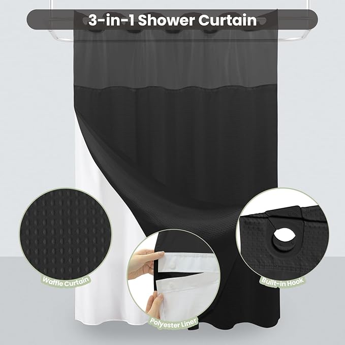 Inhousolu Long No Hook Shower Curtain with Snap in Fabric Liner Set Waffle Weave 230GSM Weighted Hem, Waterproof & Washable Bathroom Curtain Spa Luxury with Mesh Top Window 72" W x 78" L Black
