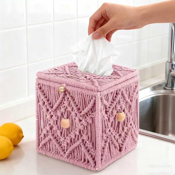 KaloKalo Handmade Tissue Box Cover Decorative Macrame Boho Square Tissue Holder Cotton Rope Woven Napkin Facial Paper Organizer Bohemian Desk Storage Container with Buckle Wood Beads (Pink)