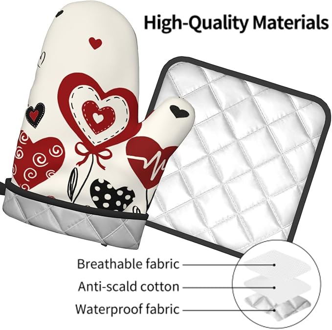 Black Red Love Hearts Oven Mitts and Pot Holders Sets 2Pcs Kitchen Accessories Multi-use Cooking Chef Oven Gloves Resistant Hot Pads for Women BBQ Cooking