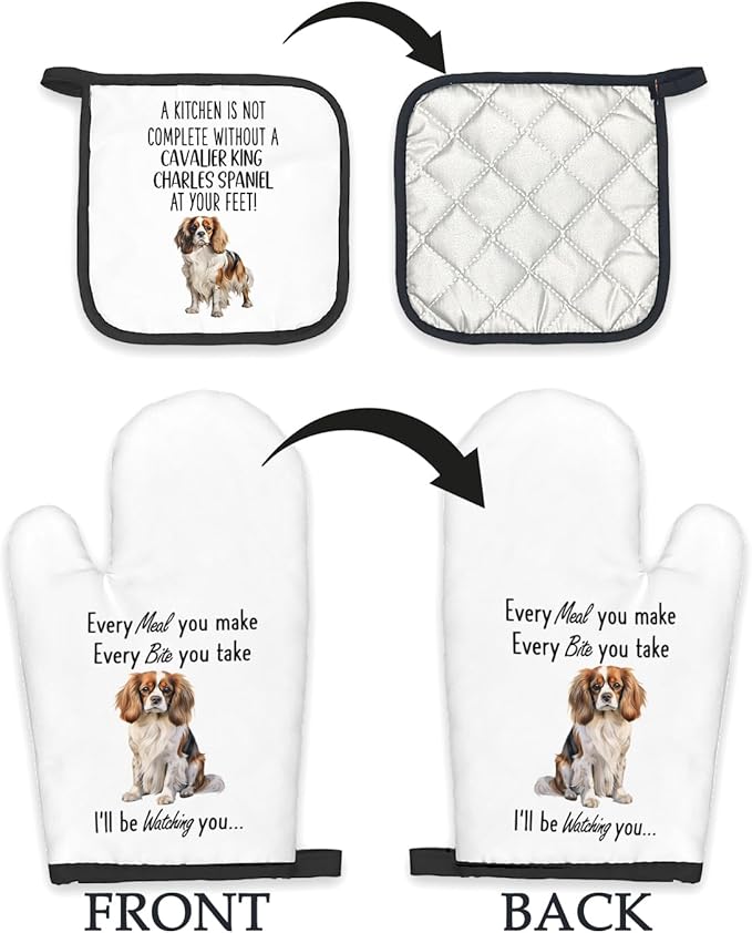Cavalier King Charles Spaniel Gifts Dog Oven Mitts and Pot Holders Sets, Cavalier King Charles Spaniel Dog Decor Kitchen Accessories Sets, Dogs Heat Resistant Oven Glove Potholders for Kitchen