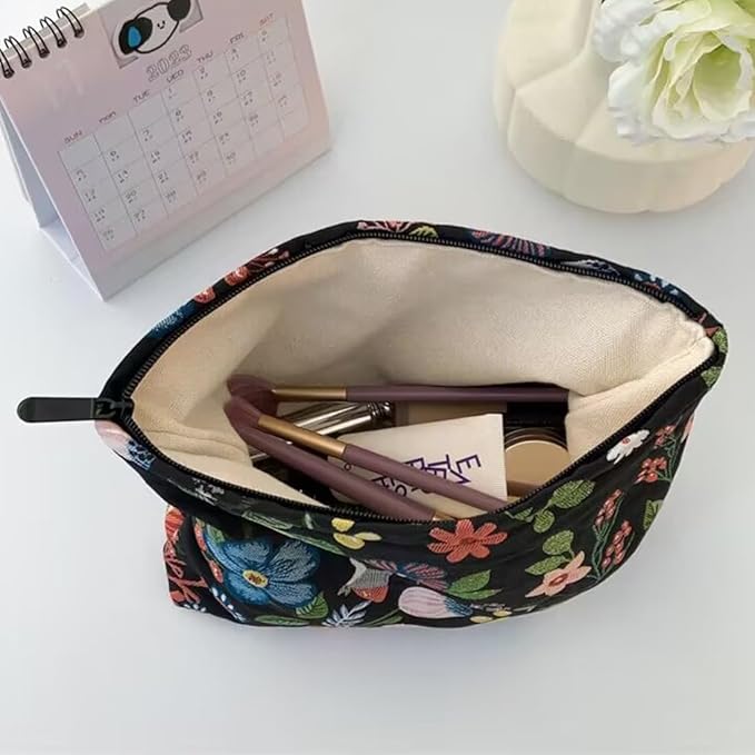 SxoSyo Cosmetic Bags for Women Makeup Bag Large Capacity Purse Travel Toiletry Zipper Storage Pouch Make up Brushes Organizer for Gifts (Flowers, Black)