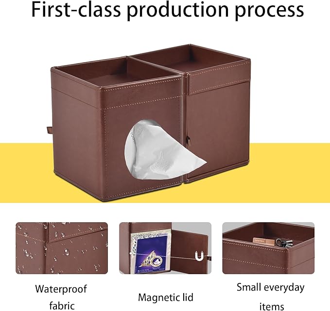 XNONE Tissue Box Cover Square Tissue Box Holder PU Leather Facial Tissues Organizer with Storage Tray for Bathroom Vanity Bedroom Office Car,Stylish Napkin Caddy Decorative Organizer (Brown)