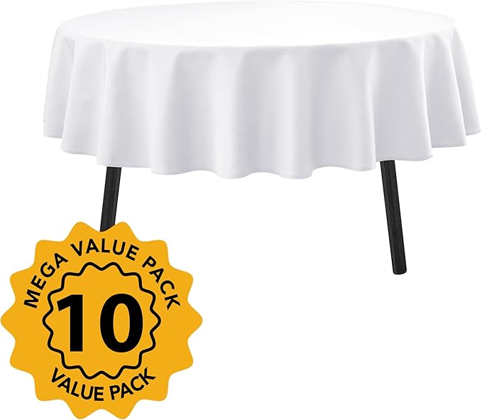 10-Pack White Round Tablecloths, 70 Inches, Stain-Resistant Polyester for 3-4 Ft Round Tables - Washable Table Covers for Weddings, Banquets, Birthday Parties, Events