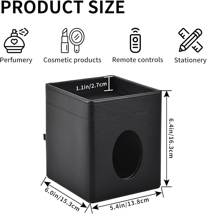 XNONE Tissue Box Cover Square Tissue Box Holder PU Leather Facial Tissues Organizer with Storage Tray for Bathroom Vanity Bedroom Office Car, Stylish Napkin Caddy Decorative Organizer (Black)