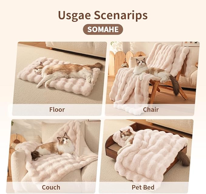 Cat Blanket for Indoor Cats Ultra Soft Plush Faux Fur Kitten Blankets Machine Washable Reversible Pet Throw Protector for Couch Furniture 21"X 18" Milk White