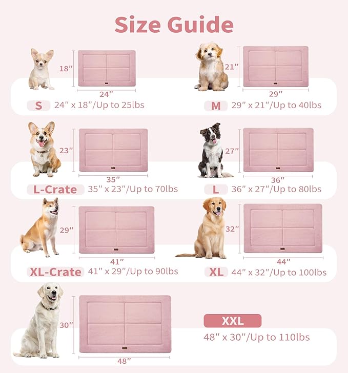 Made4Pets Dog Crate Pad Bed for Large Dogs, Washable & Reversible, Anti-Slip Kennel Mat for Cozy Sleeping, Soft Fluffy Dog Bed for Indoor & Outdoor Use, 36"x27", Pink