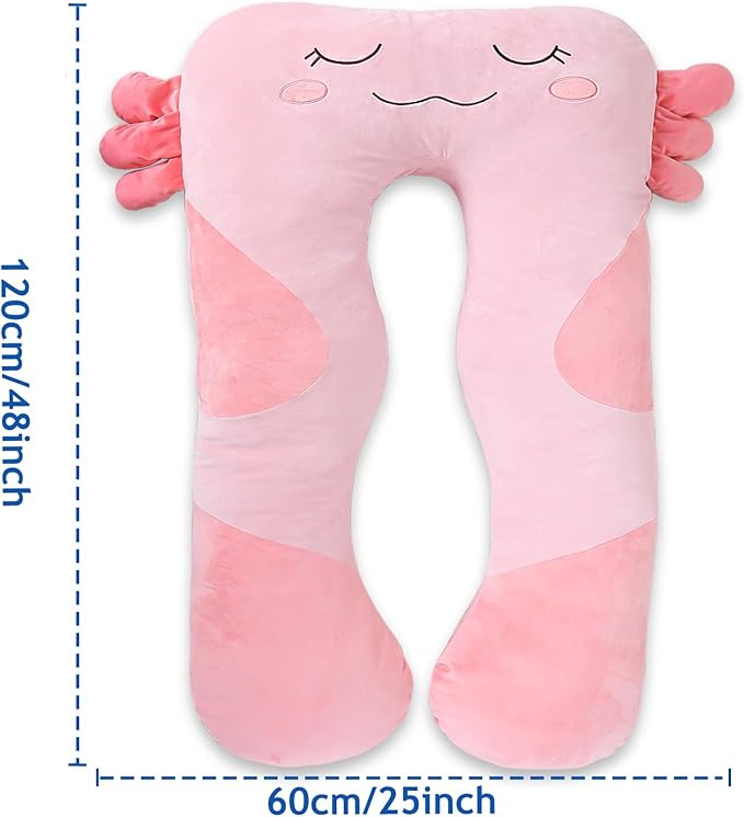 MLdian 47x23 inch U Shaped Long Plush Body Pillows for Kids, Stuffed Animal Axolotl Soft Large Pillow for Sleeping, Big Cute Plushies, Washable Cover, Gift for Boys and Girls
