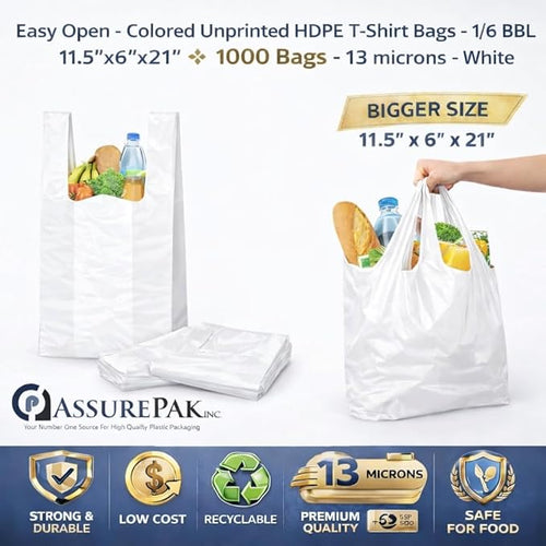 ASSUREPAK White Unprinted HDPE T-Shirt Bags - 1000 Units - 1/6 BBL 11.5"X6"X21" -13 microns - White - Perfect for Groceries, Shopping, Boutique Bags and Retail Stores