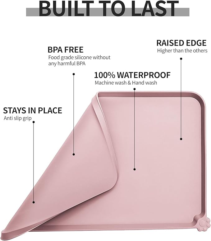 Reopet Waterproof Pet Feeding Mat with High Raised Edges, Heavier and Thicker Placemats for Cat Dog Water Bowl with BPA Free, Dogs Cats Food Mats for Messy Drinkers to Prevent Spill and Protect Floors