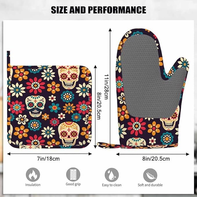 Mxocom Day of The Dead Oven Mitts and Pot Holders Sets Sugar Skulls and Flowers Seamless Pattern on Dark Background Silicone Heat Resistant Kitchen Oven Gloves Pot Holder for Cooking