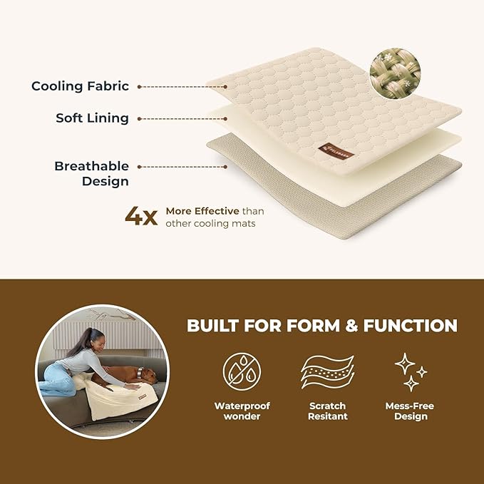 Pelsbarn Dog Cooling Mat- Ice Silk Summer Comfort, Self Cooling, Non-Slip Dog Pad, Durable & Washable, Mat for Medium Dogs 19"" x 25"", Support Shelter Dogs with Every Purchase (Beige)