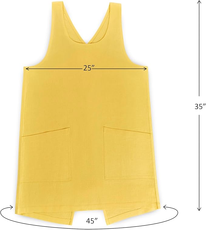 Solino Home Cross Back Linen Apron with Pockets for Gardening, Kitchen - Marigold Yellow Pinafore Smock Apron 100% Pure Linen for Men & Women - Handcrafted from European Flax