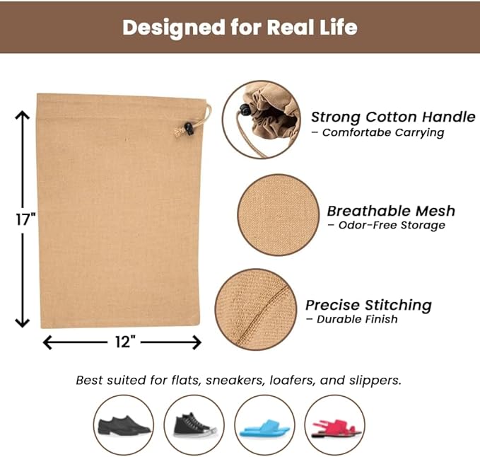 LFH Cotton Rich Shoe Storage Bags with Drawstring, Dustproof Breathable Reusable Organizer, Perfect For Travel, Dorm, Hotel, College, Gym, Easy to Carry, Machine Washable 12"x17" (Pack of 6) - Beige