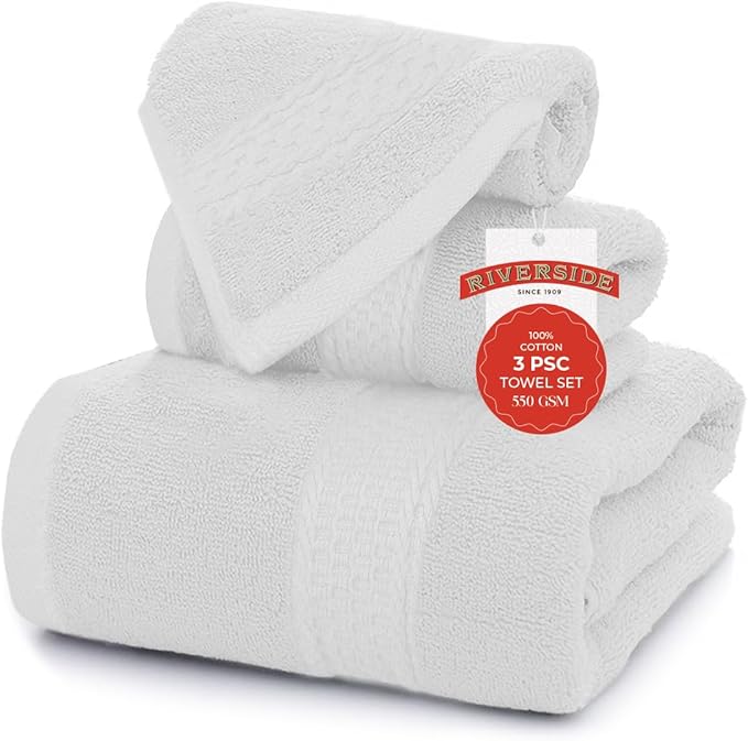 RIVERSIDE 3-Piece Towel Set, 1 Bath Towel, 1 Hand Towel, 1 Washcloth, 550 GSM Ring Spun Cotton, Soft, Quick Dry, Absorbent Bathroom Towels for Home, Gym, Spa, White