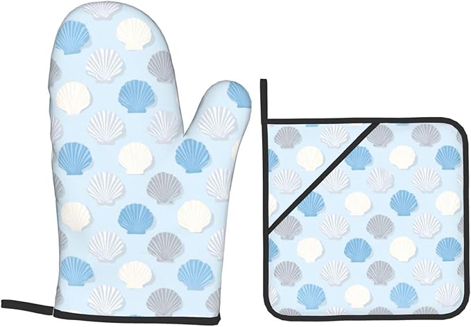 Oven Mitts and Pot Holders Sets of 4 Summer Seashell Blue Pastel Kitchen Potholder Gloves Heat Resistant Non-Slip for Chef Baking Cooking Grilling BBQ Mittens
