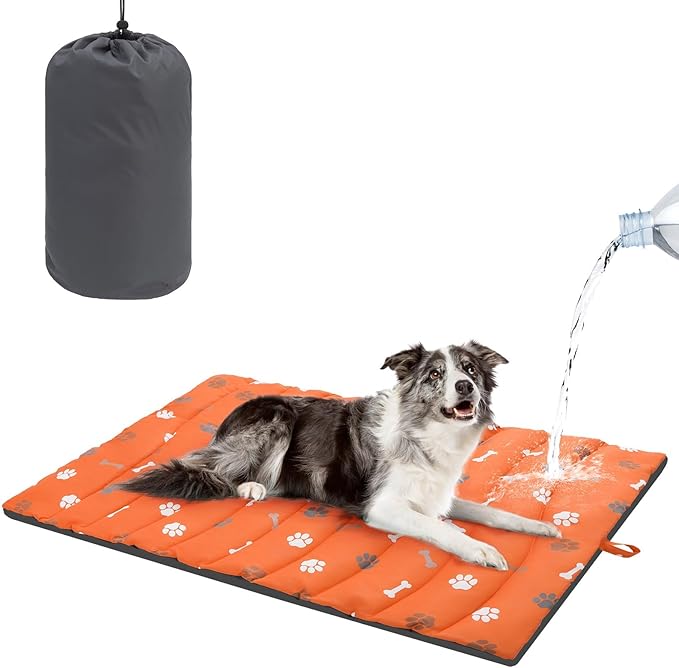BEAUTYZOO Outdoor Dog Bed Waterproof, Camping Dog Bed Reversible, Portable Travel Bed with Carry Bag- Machine Washable, Durable, Foldable Outdoor Pet Bed Mat for Medium Large Dogs, 26" x 43" Orange