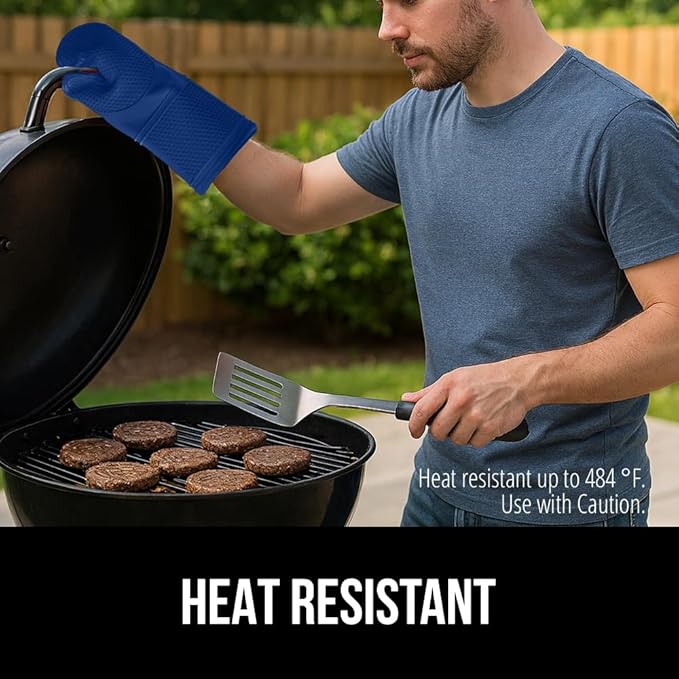 GORILLA GRIP BPA-Free Soft Silicone Oven Mitts, 14.5x8.3, Heat Resistant and Waterproof Cooking Gloves, Thick Cotton Lining, Flexible Gripping for Baking Grilling, Kitchen Potholders Set of 2, Blue