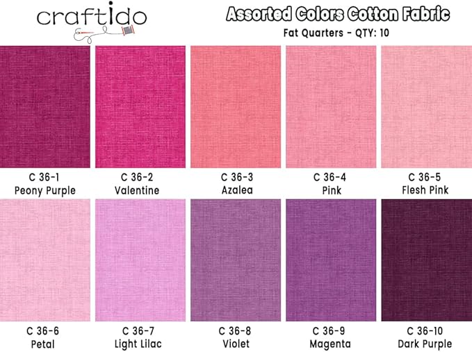 Craftido - 11 Options Solids with Tweed Tonals - Assorted Color Cotton Quilting Fabric Bundles 10pcs Fat Quarters 18"x21" - Medium Weight 5.2oz-for Quilting, Sewing and Crafts-Wildberry(Pinks+Purples)