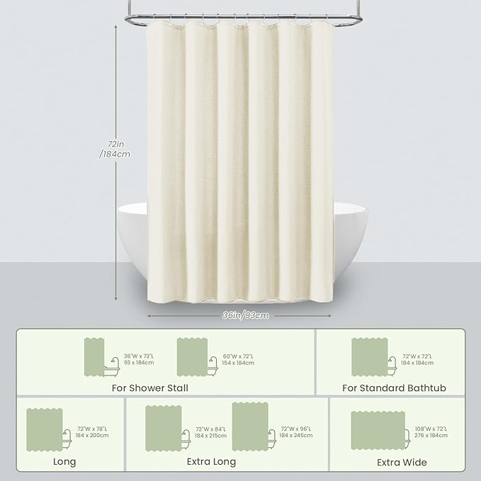 Inhousolu Fabric Shower Curtain Waffle Weave, 230 GSM Heavy Duty, Weighted Hem, 8 Metal Hooks, Water Repellent, Machine Washable, Hotel Spa Luxury Bath Curtain Set, 36 x 72 Inch, Ivory