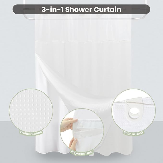 Inhousolu Stall No Hook Shower Curtain with Snap in Fabric Liner Set Waffle Weave 230GSM Weighted Hem, Waterproof & Washable Bathroom Curtain Spa Luxury with Mesh Top Window 60" W x 72" L White