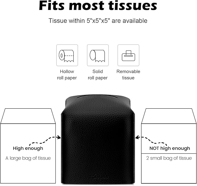 Tissue Box Cover, Tclouda, Modern PU Leather Square Tissue Box Holder for Creative Decorative, Ideal for Bathrooms/Office/Car/Nightstand/Outdoor Tent/Dining Table, 5"X5"X5", Single Black