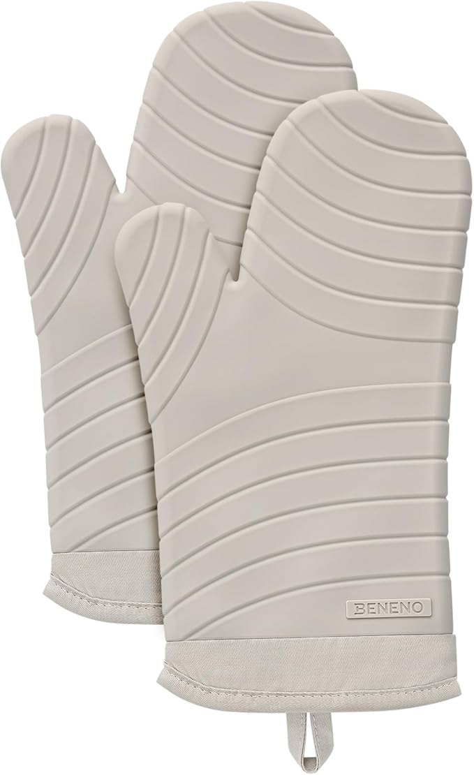 Beneno Heat Resistant Silicone Oven Mitts BPA-Free, Non-Slip Textured Grip & Quilted Cotton Lining, Waterproof Kitchen Mitt 2-Pack Set, 7"x13", Beige
