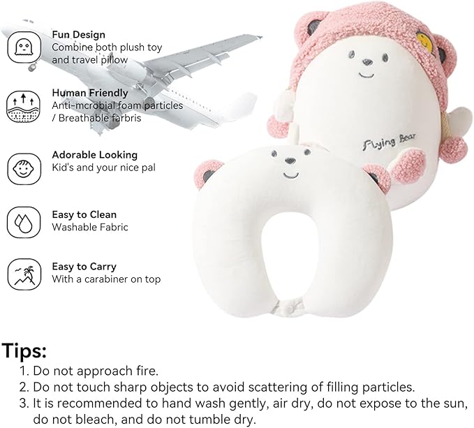 stocaggio Kids Travel Pillow - 2-in-1 Deformable Kids Neck Pillow for Traveling, Soft U-Shaped Pillow with Adorable Animal Design, Comfy Sleep and Play, Ideal for Airplanes and Cars - Pink Bear