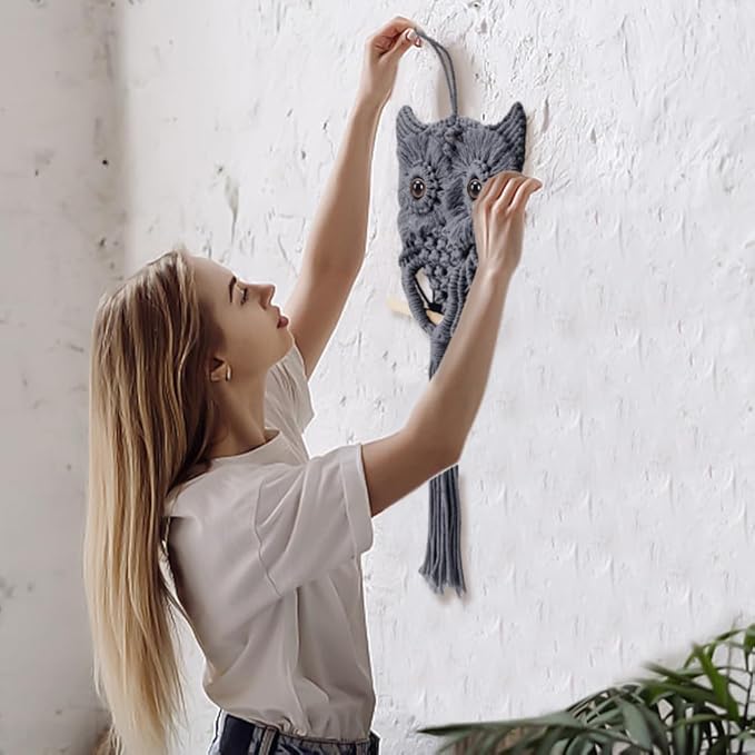 FREEBLOSS DIY Macrame Owl Kit Macrame Tapestry Wall Hanging 90m Cotton Cords Macrame Kit for Beginners with Video Tutorial Macrame Wall Art for Bedroom Decor, Gray