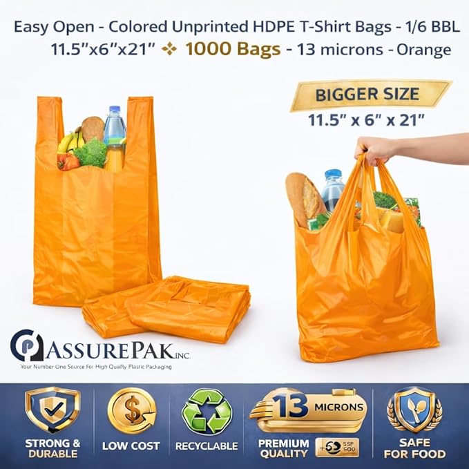 ASSUREPAK Easy Open - 1000 Bags - Colored Unprinted HDPE T-Shirt Bags - 1/6 BBL 11.5"X6"X21" - 13 microns - Orange - Perfect for Groceries, Shopping and Retail Stores LOOP-ORANGE-EO