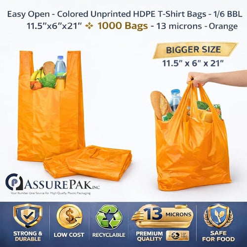 ASSUREPAK Easy Open - 1000 Bags - Colored Unprinted HDPE T-Shirt Bags - 1/6 BBL 11.5"X6"X21" - 13 microns - Orange - Perfect for Groceries, Shopping and Retail Stores LOOP-ORANGE-EO
