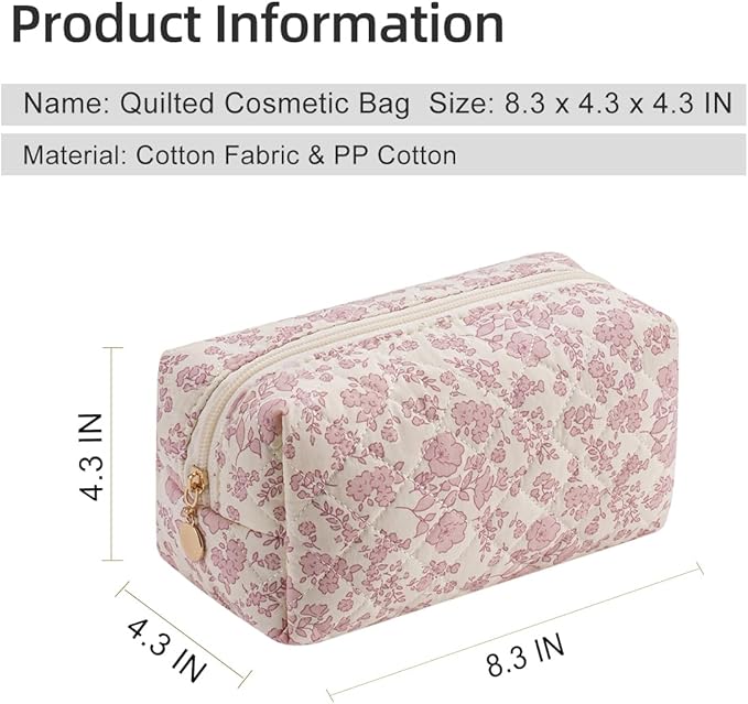 Gleyemor Small Quilted Makeup Bag for Women, Cute Floral Bow Cosmetic Bag, Emergency Bag Travel Toiletry Cotton Pouch Gifts for Girls Her Mom Friend Sister Bridesmaid (Pink Flower)