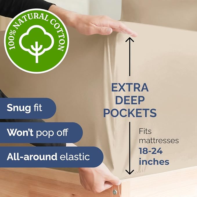 Extra Deep Pockets 400 Thread Count 100% Cotton 4 Piece Queen Size Bedding Sheet Set - Breathable & Cooling - Hotel Luxury Bed Sheets Set - Extra Soft, Wrinkle Free & Comfy Cream Bedding Sheets Set