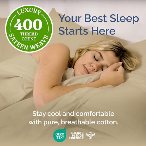 400 Thread Count Cotton Sheet Set - Full Size 100% Cotton Sheets - Easily Fits 8" to 16" Mattress - Silky-Soft, Wrinkle Free, Breathable and Comfy - Deep Pockets & Hotel Quality Bedding Set - Beige