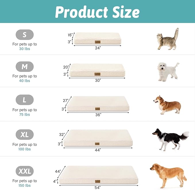 COZY KISS Dog Crate Bed for Small Size Dogs, Rectangular Orthopedic Cat Beds, Foam Anti-Slip Bottom Pet Mat with Washable Removable Cover, Suitable for Pet Up to 30 lbs, 24x16x3 inch, Beige