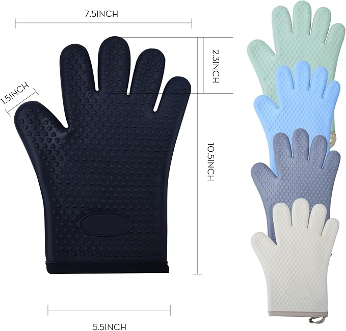 4 Pack Silicone Oven Mitts Ven Gloves with Fingers Pot Holders and Oven Mitts Heat Resistant Kitchen Baking Cooking Barbecue Accessories Black