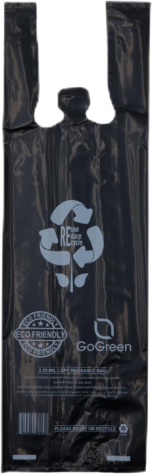 ASSUREPAK Black Reusable/Eco-Friendly LDPE T-Shirt - Single Bottle Bag 6"X4"X20" - 400 Bags - 57 Micron (2.25 mil) - Black - BLKLD40REC225REUSE6420