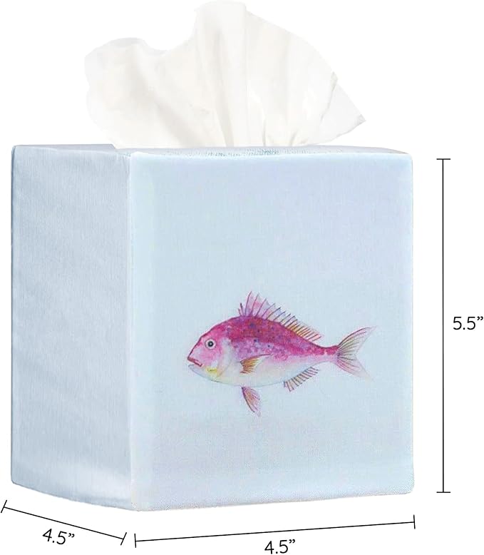 EmbroideryLinen.VN Tissue Box Cover Set of 2, Square Cotton Tissue Holder, Printed Animal Pattern, 4.5x4.5x5.5 Inches, Decorative Holder for Bathroom, Living Room, Office (Fish)