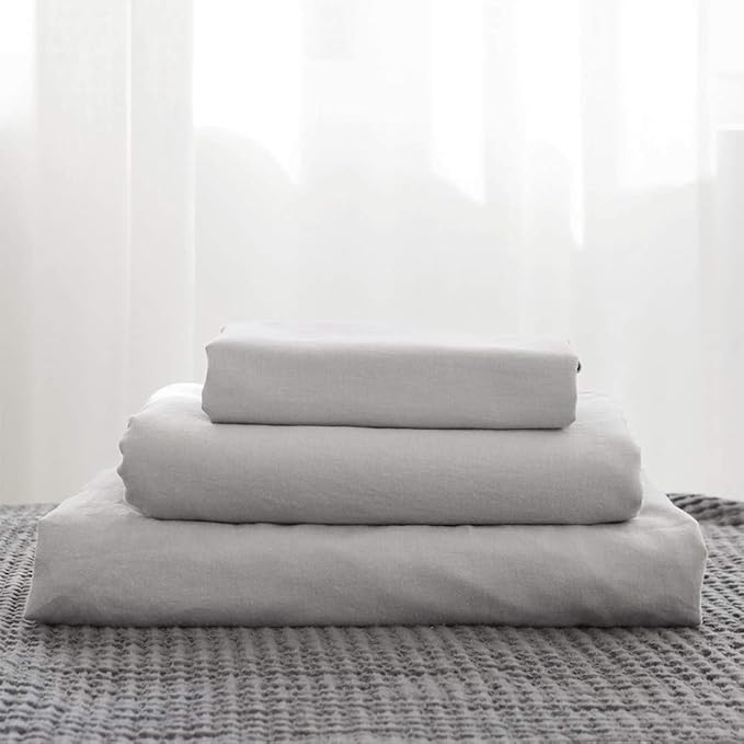 Simple&Opulence Belgian Linen Sheet Set Solid Color - 4 Pieces (1 Flat Sheet, 1 Fitted Sheet & 2 Pillowcases) Natural Flax Cotton Blend Soft Breathable Farmhouse Bedding - Full Size, Grey