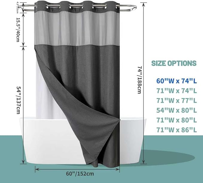 eachope Charcoal No Hook Waffle Weave Shower Curtain with snap-in Liner Replacement, 230GSM Waterproof Fabric Hotel Shower Curtain Set for Bathroom, Through Mesh Top Window,60Wx74H