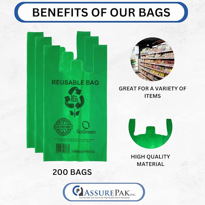 ASSUREPAK Green PP Non Woven Reusable Bags - 200 Bags - 1/8 BBL 10"X5"X18" - 40 GSM - Green -10518GRNPPNWRB40