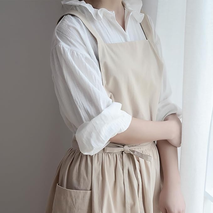 ODIZLI Frill Apron for Women Cotton Cross Back Vintage Ruffle Apron for Garden Cooking Aprons