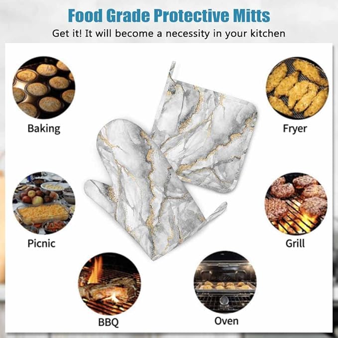 Mxocom White Marble Oven Mitt and Pot Holder with Silicone Fashion Marbling Granite Stone Gold Black Gray Heat Resistant Kitchen for Cooking BBQ Baking Grilling Spring/Summer