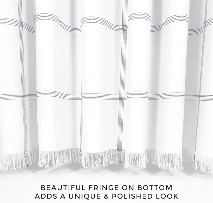HALL & PERRY Shower Curtain with Fringe Tassels in Ellis Design- White Fabric with Black Grid Lines 100% Cotton 72''x84'', Ellis White and Black