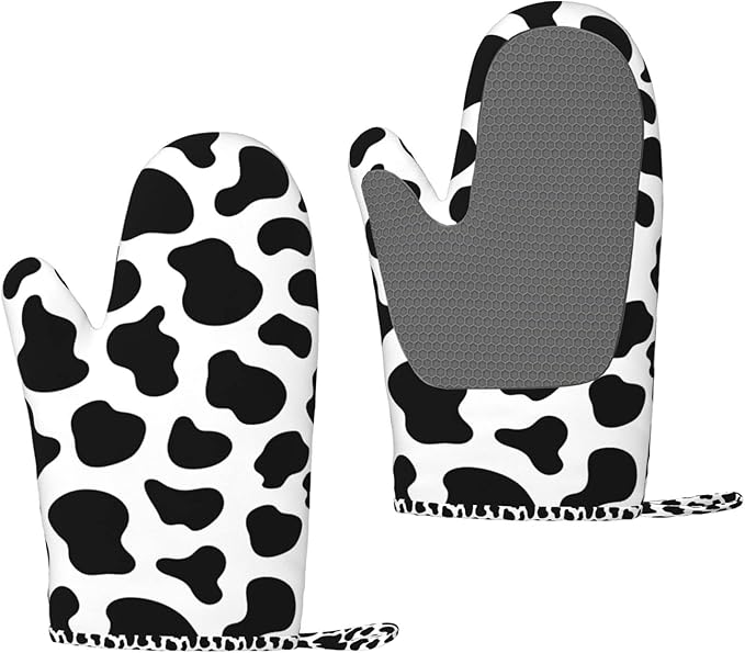 Cow Print Oven Mitts and Pot Holders Sets of 2,Resistant Recycled Infill Silicone Non-Slip BBQ Gloves for Kitchen,Cooking,Baking,Grilling