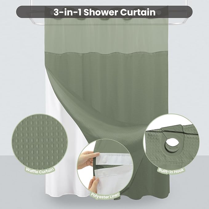 Inhousolu Long No Hook Shower Curtain with Snap in Fabric Liner Set Waffle Weave 230GSM Weighted Hem, Waterproof & Washable Bathroom Curtain Spa Luxury with Mesh Top Window 72" W x 78" L Sage Green