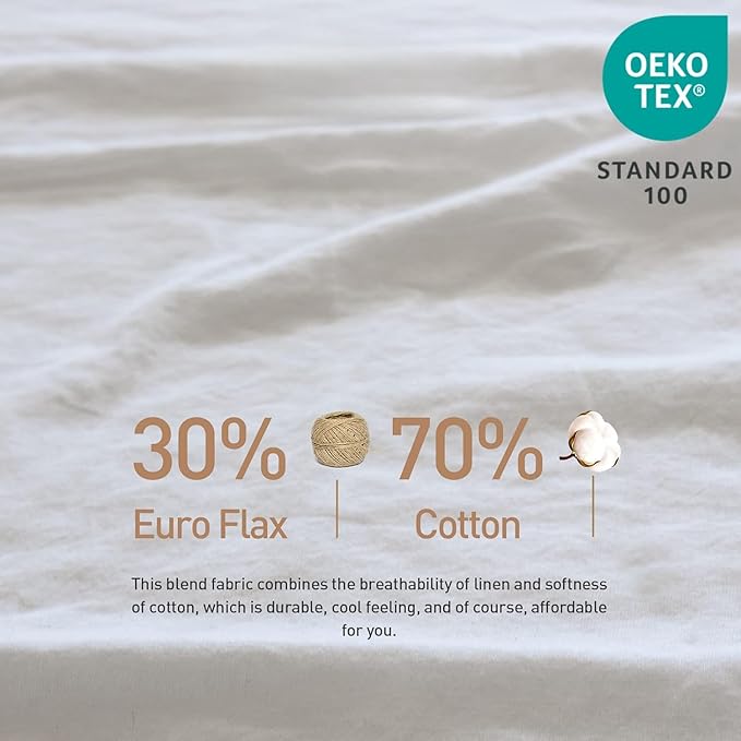 Simple&Opulence Belgian Linen Sheet Set Solid Color - 6 Pieces (1 Flat Sheet & 1 Fitted Sheet & 4 Pillowcases) 16" Deep Pocket Natural Flax Cotton Blended Soft Bedding - White, California King