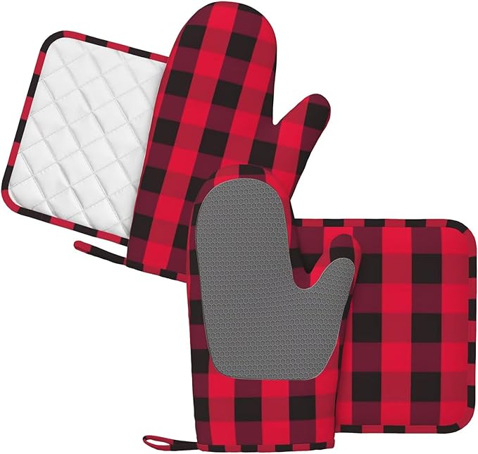 Buffalo Check Plaid Red and Black Oven Mitts and Pot Holders Set, 4pcs Farmhouse Checkered Plaids Silicone Oven Glove for Kitchen Heat Resistant Oven Mitts and Potholders Non-Slip for BBQ