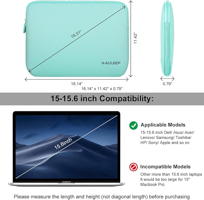 AULEEP 15-15.6 Inch Laptop Sleeves, Neoprene Notebook Computer Pocket Tablet Carrying Sleeve/Water-Resistant Compatible Laptop Sleeve for Acer/Asus/Dell/Lenovo/HP, Light Green