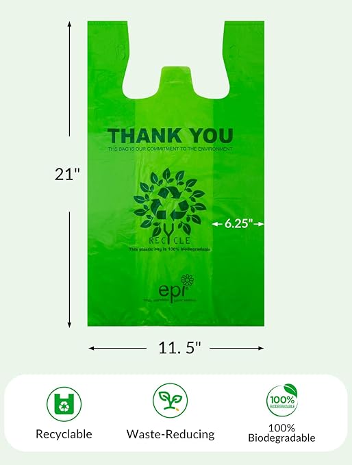 [200 per box],Recyclable Compostable Reusable Biodegradable Plastic T-Shirt Bags,Grocery Shopping Bags,Measures 11. 5" X 6. 25" X 21"( large size 1/6) , 16 Mic (0. 63 Mil)